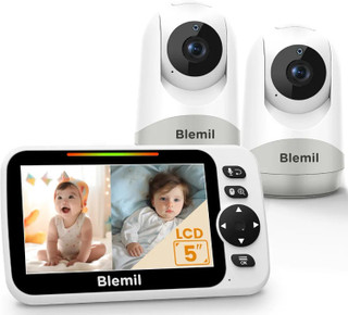 دوربین مراقبت کودک با مانیتور 5 اینچی ارتقایافته Blemil با باتری ۳۰ ساعته، با صفحه نمایش تقسیمشده (Split-Screen) به همراه ۲ دوربین و صدا، قابلیت چرخش/خم شدن/زوم از راه دور، مکالمه دوطرفه، سنجش دمای اتاق، دید در شب خودکار